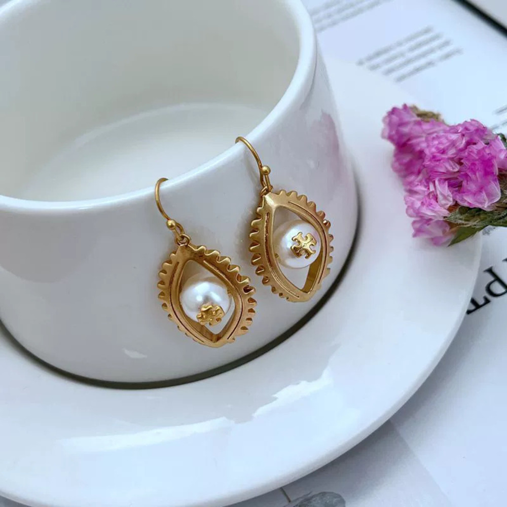Tory Burch Statement Pearl Inlay Letter Eye Metal Earrings